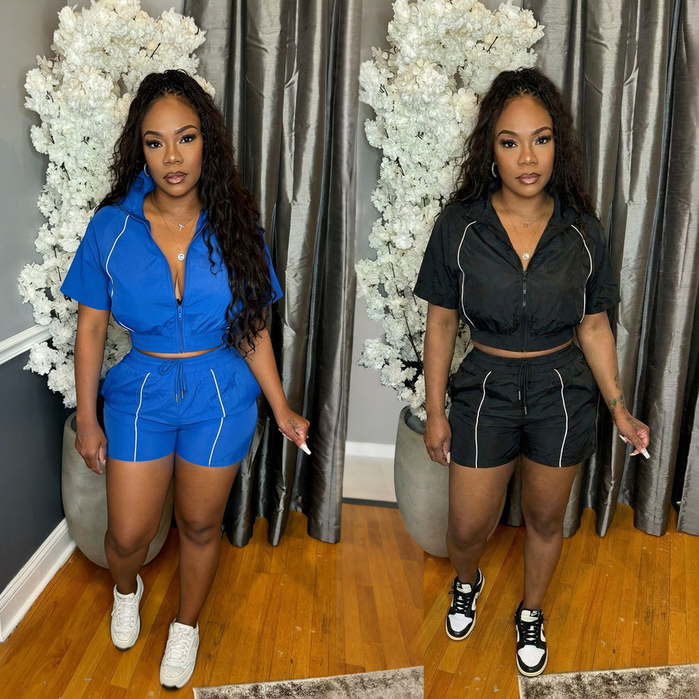 S391521 european and american fashion women's woven color block top and wide-leg elastic waist button-up sport shorts two-piece set