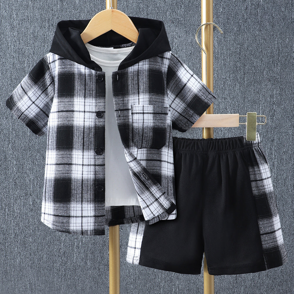 e-commerce special summer plaid plaid children's hooded short-sleeved shirt suit