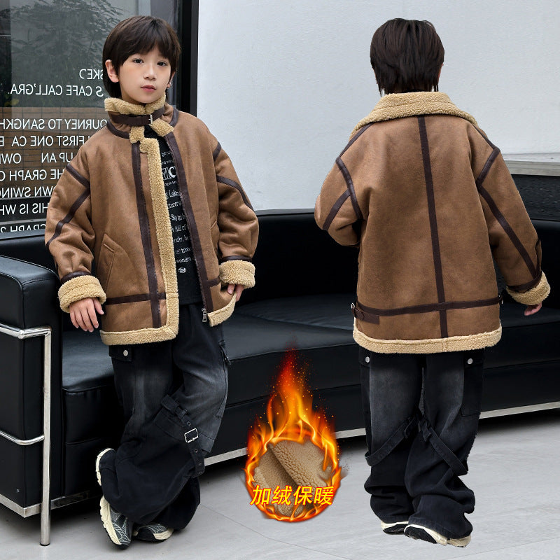 Baby boy winter casualoutwearnew arrivalchildren's stylefleece-linedthickenedboysjackettopstrendy