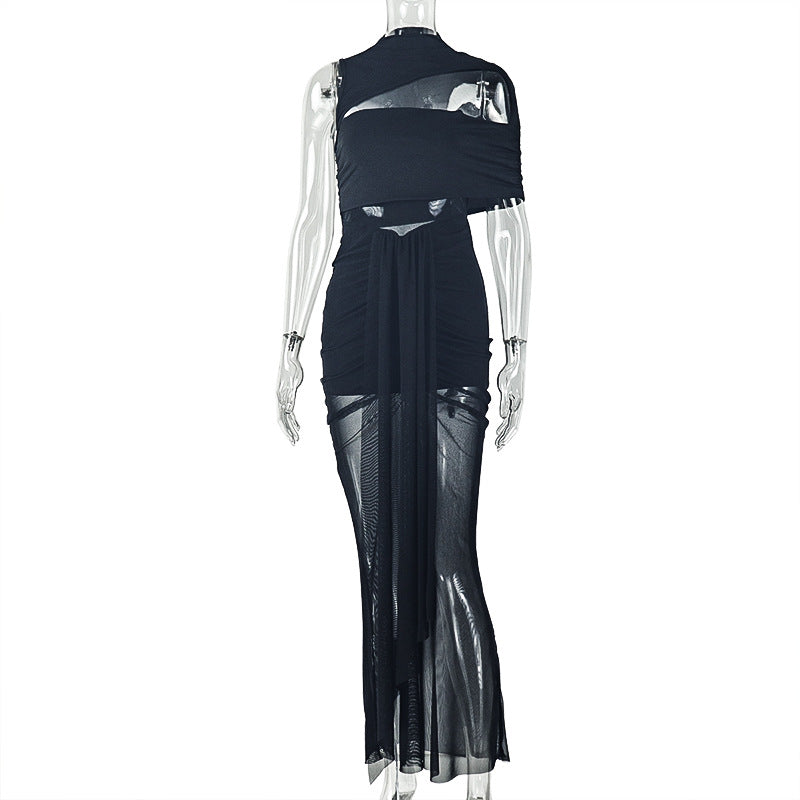 European and american style export design solid color women's elastic asymmetrical trendy bodycon dress with tie-up round neck and cutout long dress