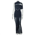 European and american style export design solid color women's elastic asymmetrical trendy bodycon dress with tie-up round neck and cutout long dress