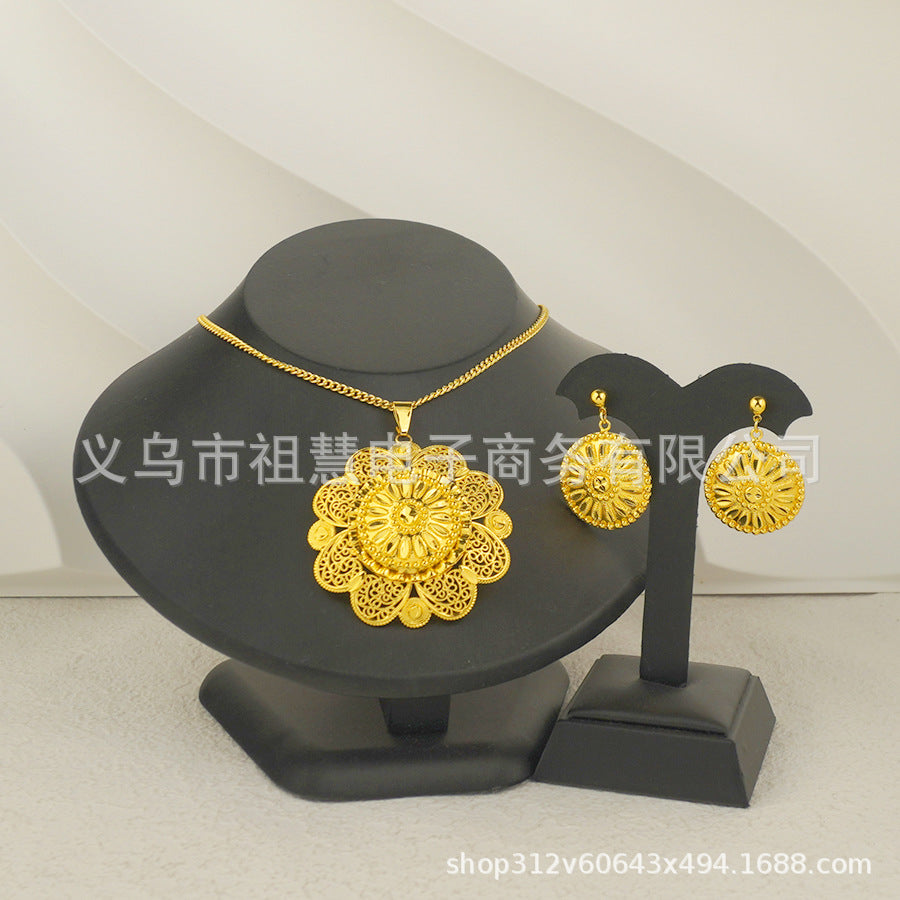 Two-piece set: new middle eastern dubai ethiopian women's pendant necklace and earrings, african sunflower style