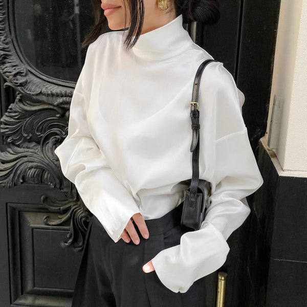 Light luxury simple design turtleneck white shirt  2025 autumn new product satin versatile casual top women