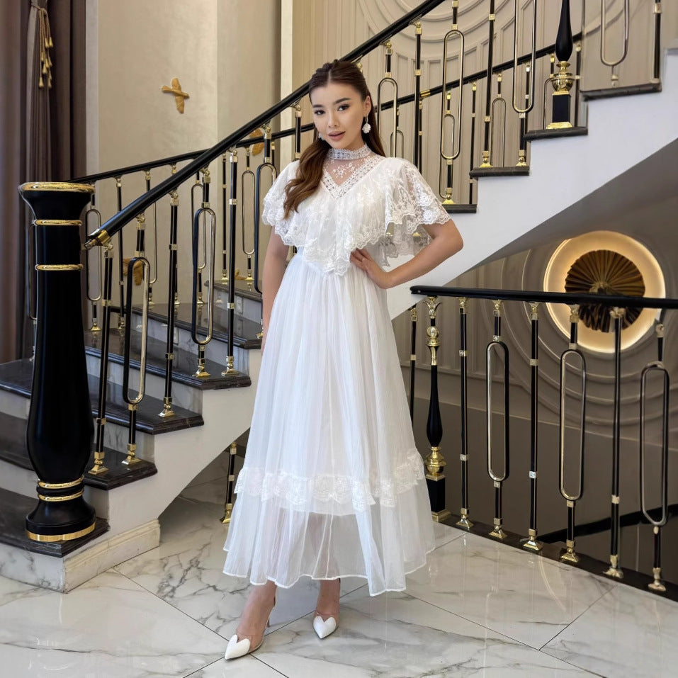 summer new arrival: white lace patchwork flowy elegant vintage lightweight maxi dress