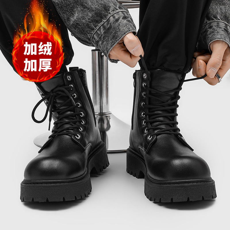 Men's martin boots: british style black high-top leather shoes, new mid-top motorcycle boots, fleece-lined warm height-increasing leather boots