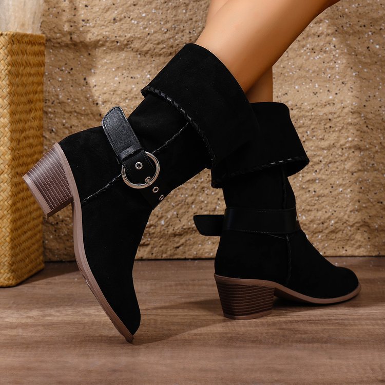 Exportplus sizesharp toe square heel metal buckle suede workwear boots fall and winternew arrival long tube non-knee women's boots