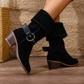 Exportplus sizesharp toe square heel metal buckle suede workwear boots fall and winternew arrival long tube non-knee women's boots