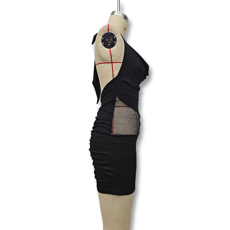 spring new arrivals: cross-border european & american style hot girl sexy backless strappy mesh patchwork halter dress