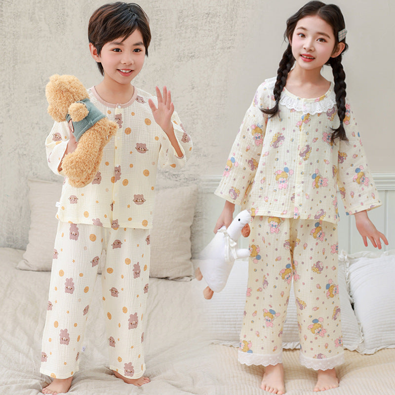 kids' cropped lounge set - boys & girls double-layer cotton gauze pajama set with baby lace trim and cartoon print