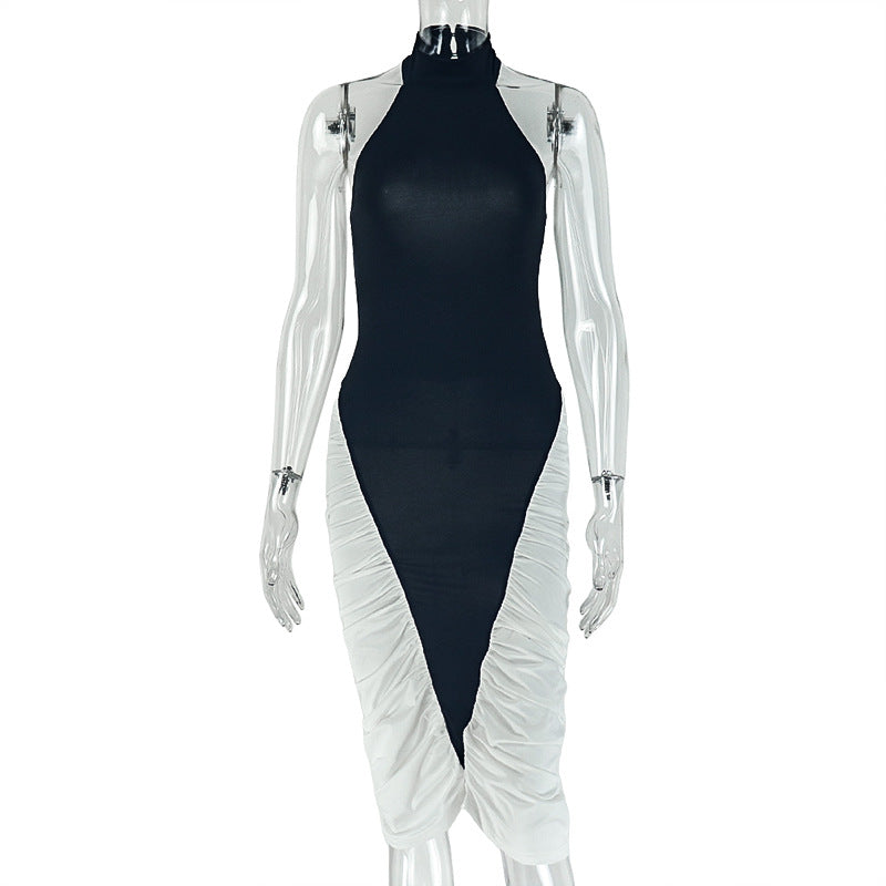 European and american style women's foreign trade black and white color block fashion design bodycon dress - sleeveless halter neck maxi dress for work and casual wear