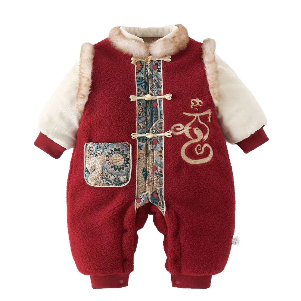 Winter toddler baby festive new year outfit - thickened onesie, warm fleece romper for chinese new year celebrations