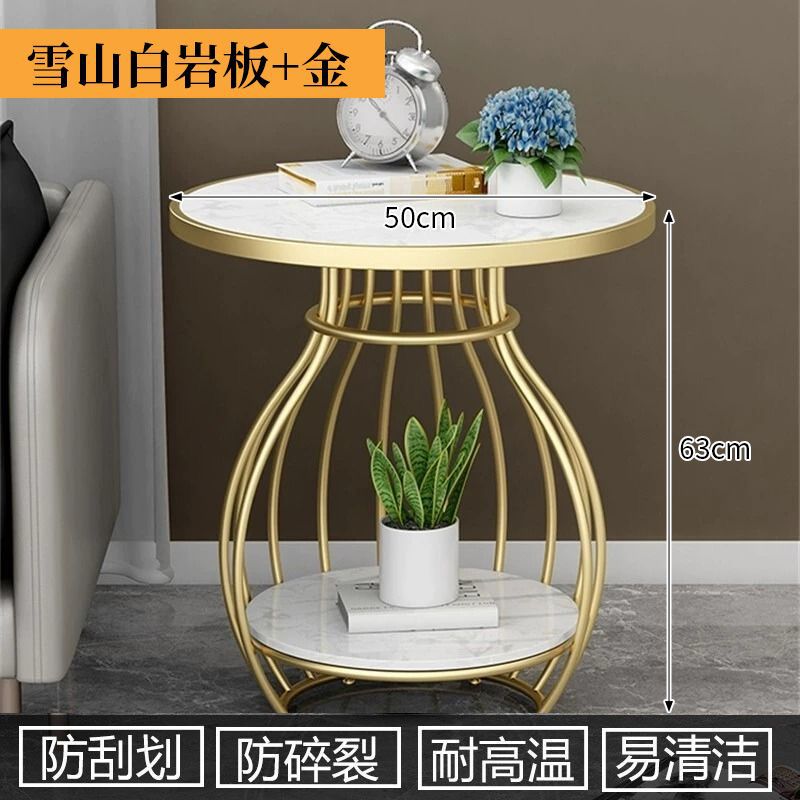 Rock slab small coffee table for home small apartment side table living room balcony round tea table double-layer storage beauty salon small table