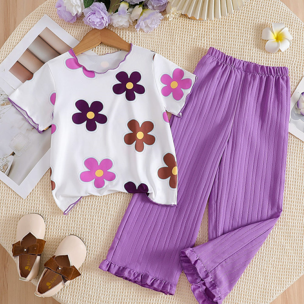summer girls' colorful floral print short-sleeve outfit - ribbed knit ruffle hem pants, breathable & mosquito-proof two-piece trendy set