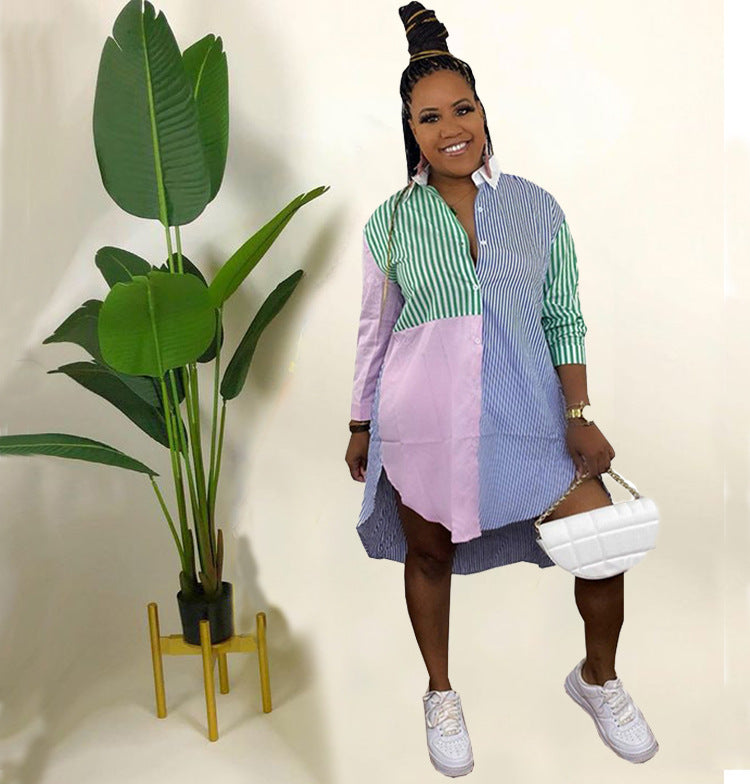 European and american plus size curvy women's  colorful striped patchwork single-breasted cardigan long sleeve stand collar women's shirt