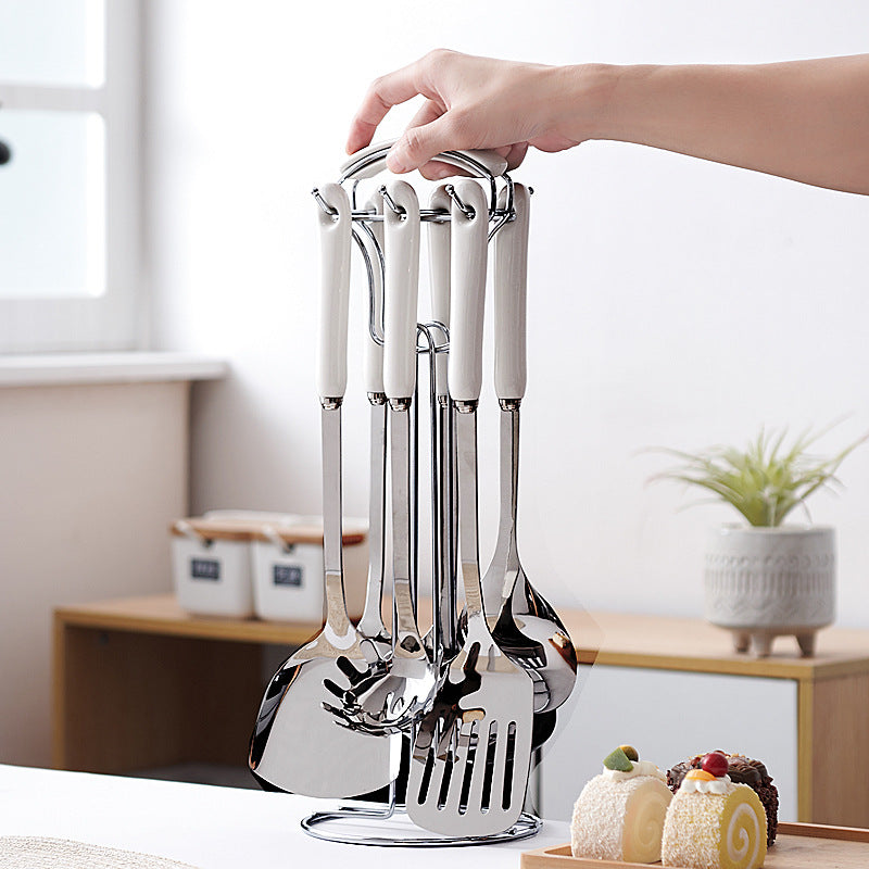 Nordic stainless steel kitchen utensil set - complete 7-piece cookware set: spatula, stir-fry spatula, spoon, ladle, and skimmer - wholesale