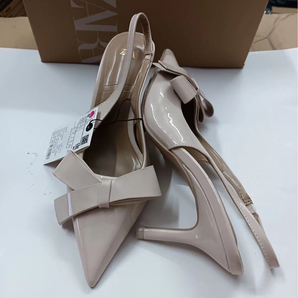 Za2024 summer new bowknot decorated back strap casual versatile pointed toe stiletto high heel sandals for women