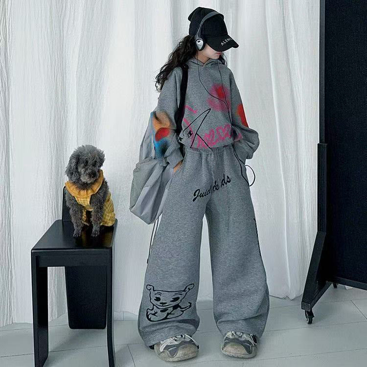 Girls'  new autumn outfit: designer set for mid-to-large children - wide-leg pants, stylish and loose-fitting two-piece set for girls