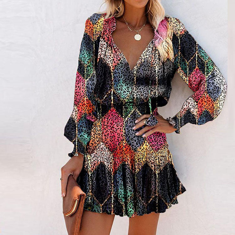 cross-border european and american women's clothing: new autumn color block mini dress with printed design and fashionable cinched waist