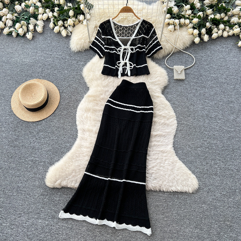 Korean style commute outfit: women's summer knitted two-piece set - v-neck tie-up slim fit suit with white color block stripes
