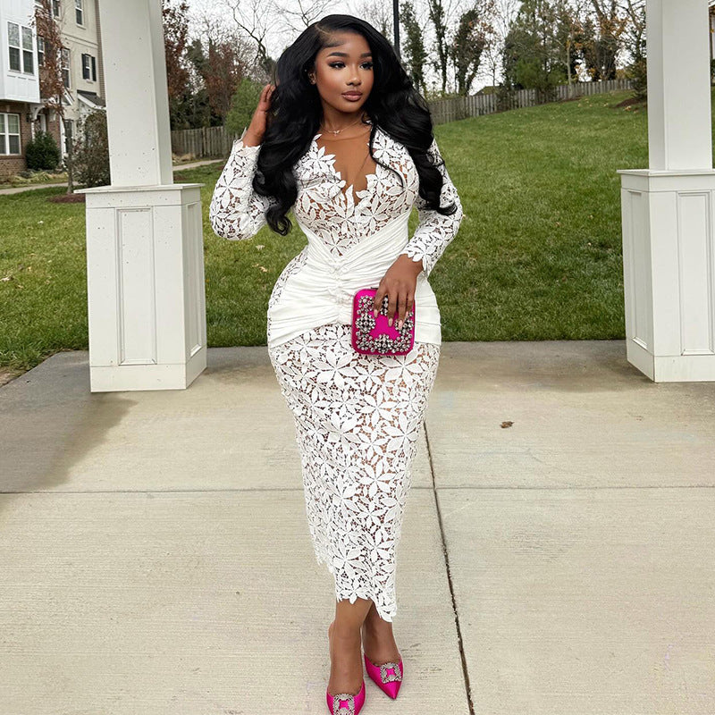 European and american women's clothing  autumn new collection: sweet and fresh lace v-neck long sleeve high-waisted bodycon maxi dress