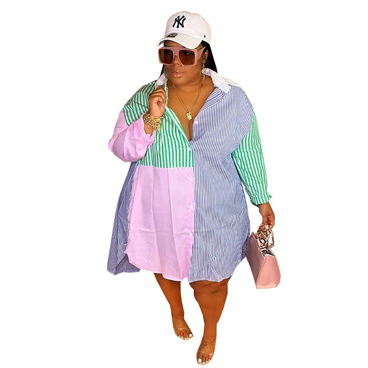 European and american plus size curvy women's  colorful striped patchwork single-breasted cardigan long sleeve stand collar women's shirt