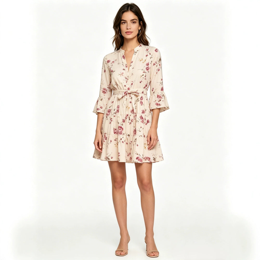 european and american new women's fashion printed three-quarter sleeve a-line pleated dress