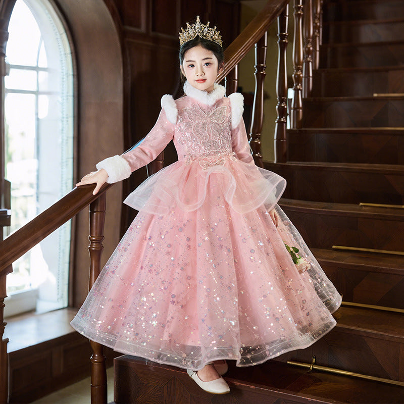 Girls' winter wedding dress, little girl's piano performance outfit, children's formal dress, fleece-lined thickened princess dress