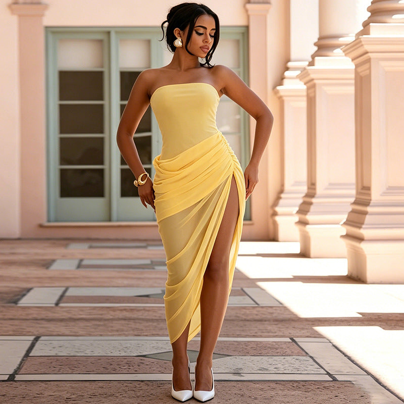 Women's foreign trade summer  new sleeveless bandeau mesh see-through patchwork draped bodycon slit dress