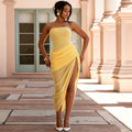 Women's foreign trade summer  new sleeveless bandeau mesh see-through patchwork draped bodycon slit dress