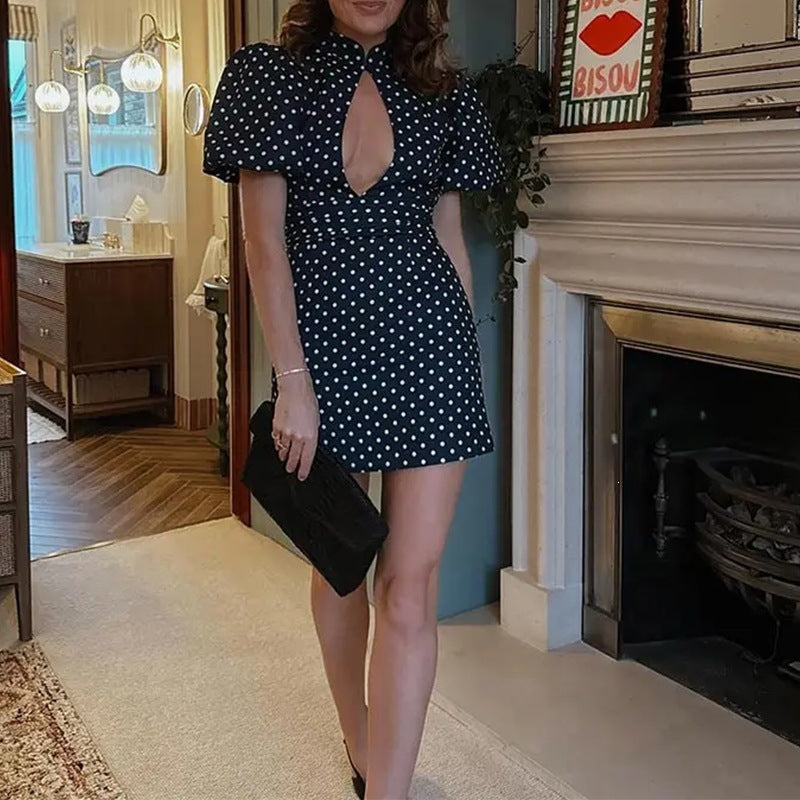 european and american export women's clothing: new summer fashion elegant stand collar hollow-out short sleeve polka dot waist-defining dress