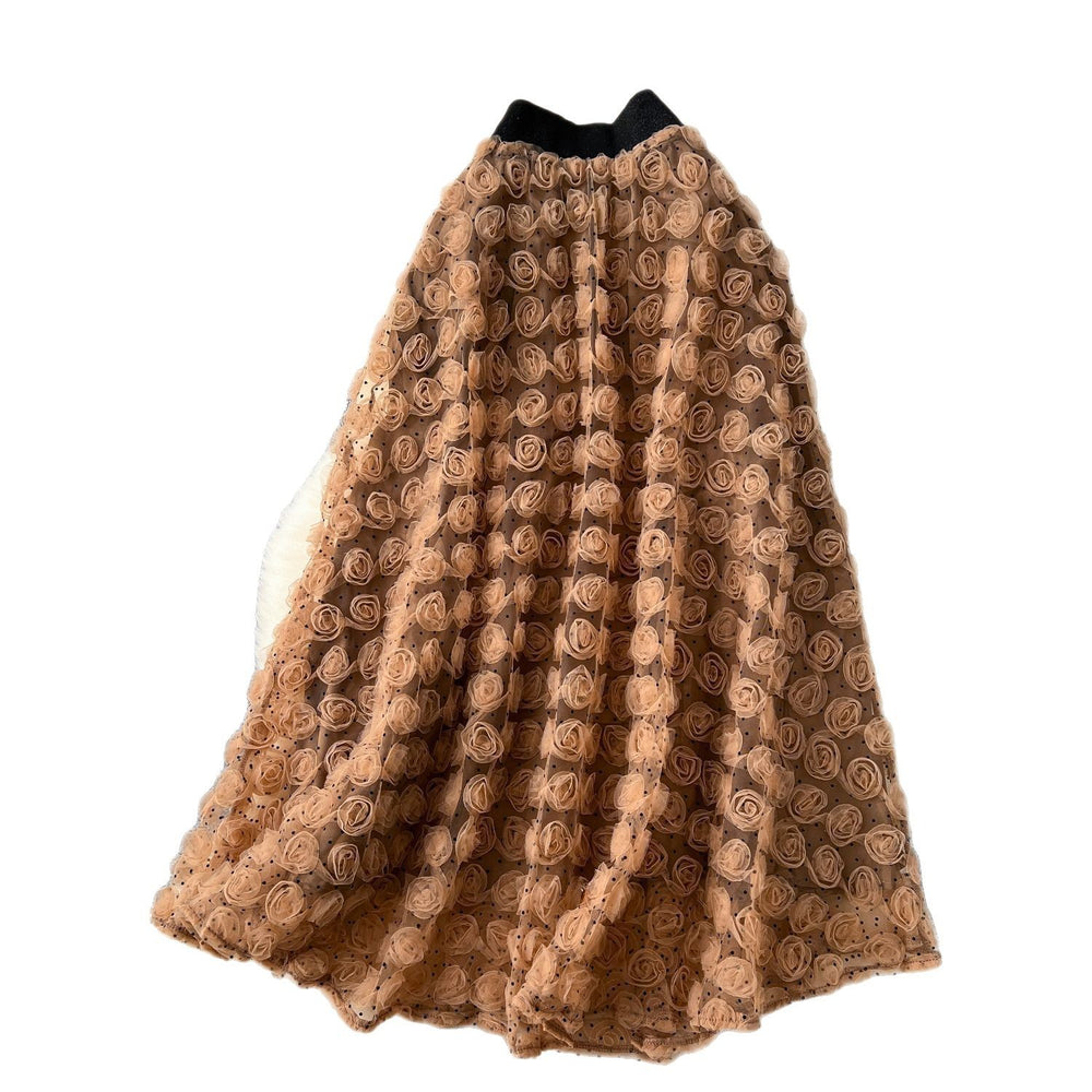 French heavy industry stereo rose flower high waist skirt women's styleeasiest for matchslimming lookelegance large swing a-line umbrella skirt