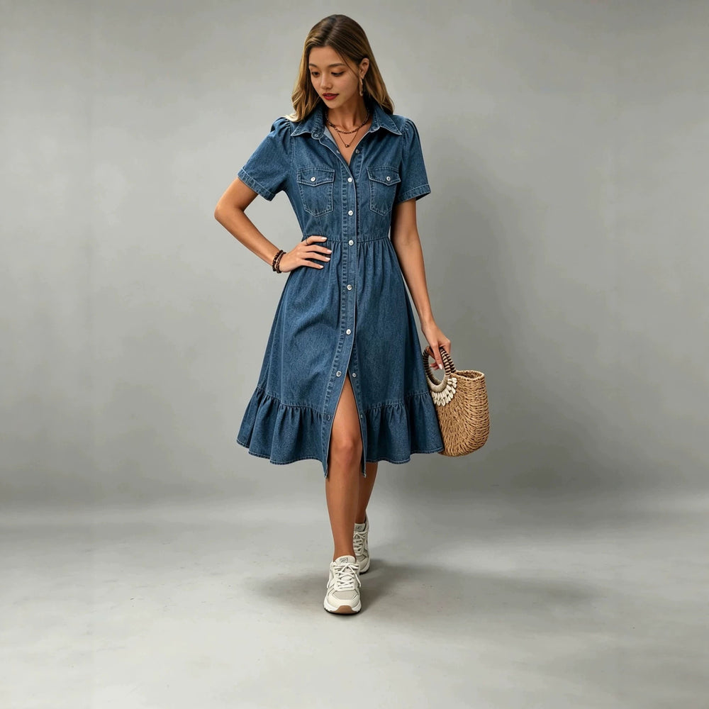 fashion lapel long sleevespatchworkcasual denim dress women's classy single-row multi-button waist long skirt