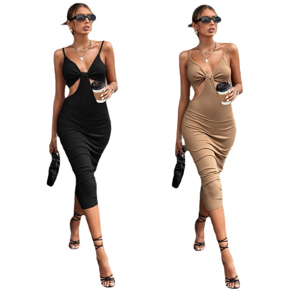 Europe and the United States  sexy V-neck suspender dress spring new pullover solid color hollow medium skirt