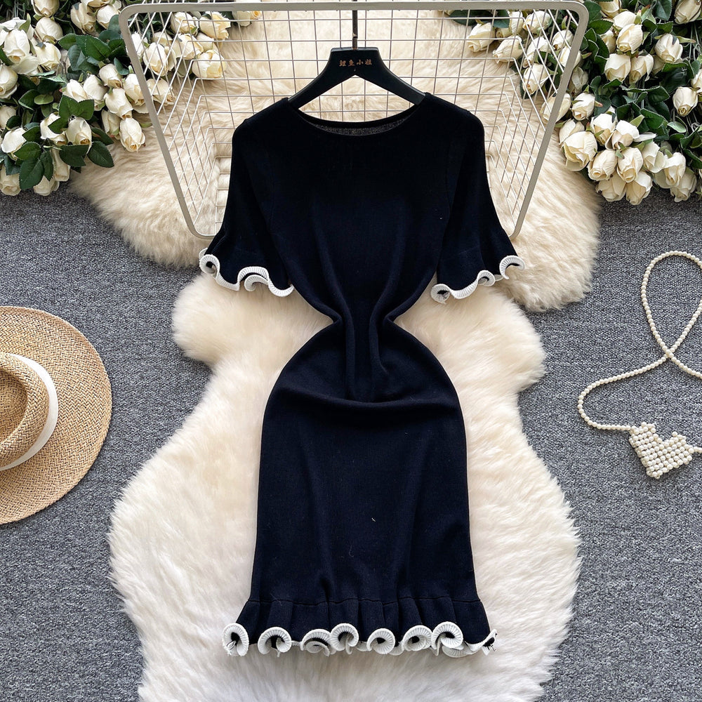 Xiaoxiangfengclassy contrast colorbows strappy long sleevesdress women's metal buckle waist slimming lookknitting short skirt