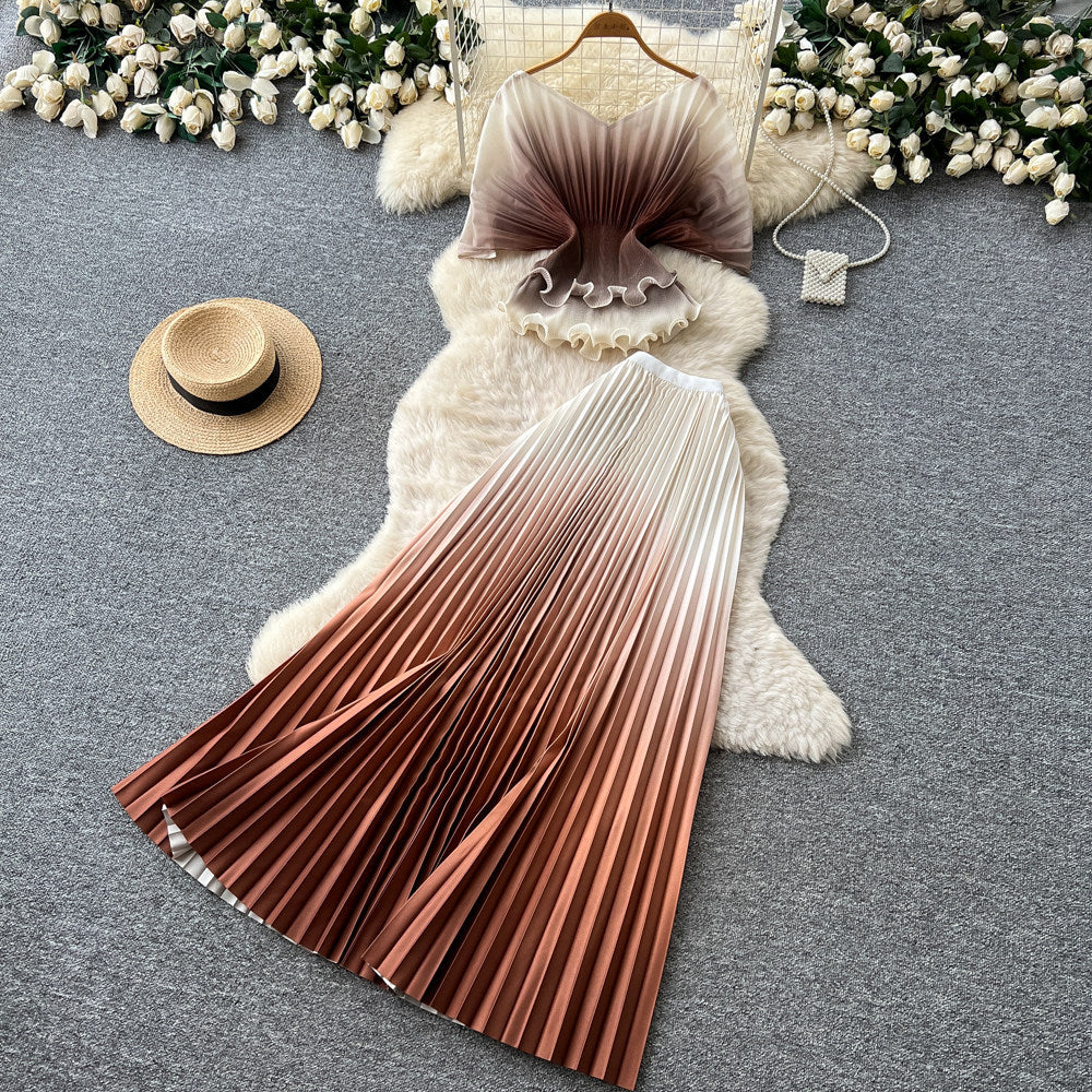 Dopamine dress gradient color pleated silmsuit women's summer waist slimming lookcardigan pleated skirt two-piece set work clothing