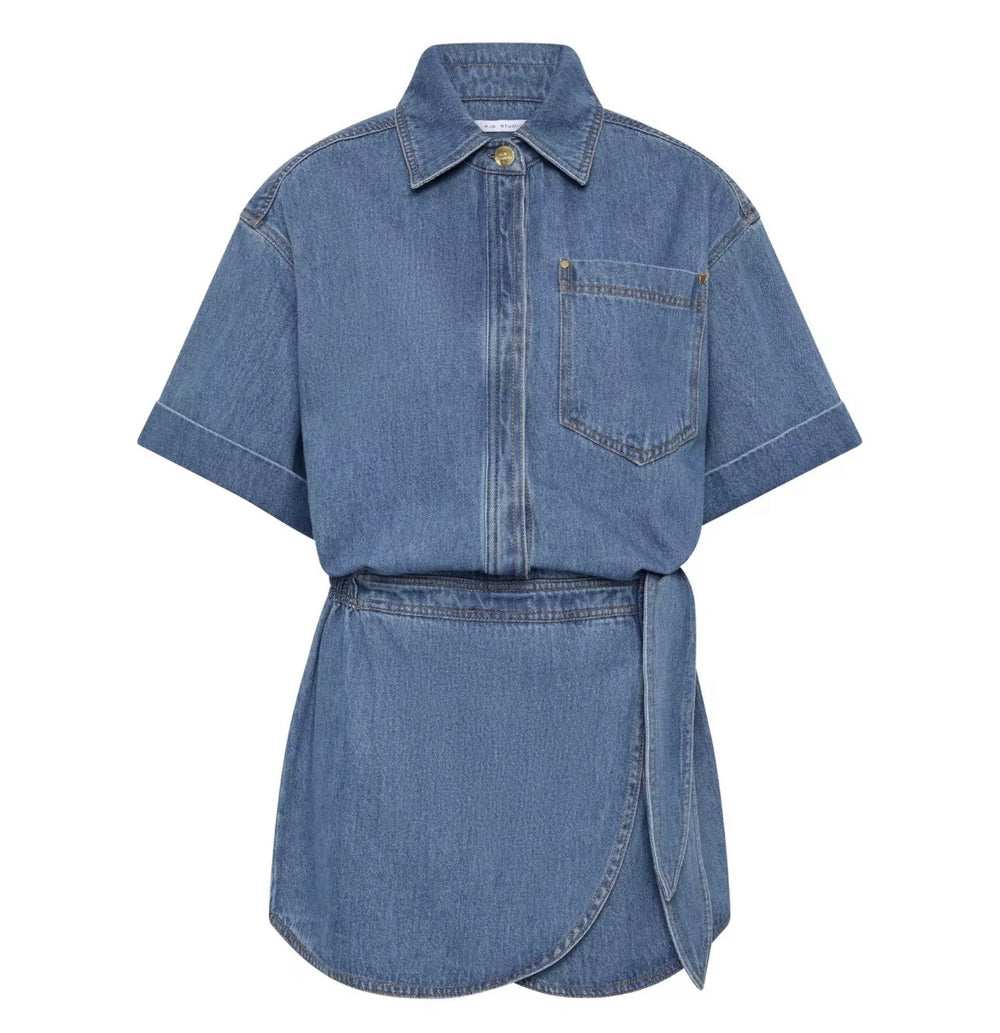 fashionretro short-sleeved denim dresssummerelegant waist dressfashioneasiest for match