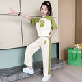 Girls' summer outfit set: wide-leg pants,  new style, trendy and chic, big kids' summer short-sleeve and long-pant two-piece set