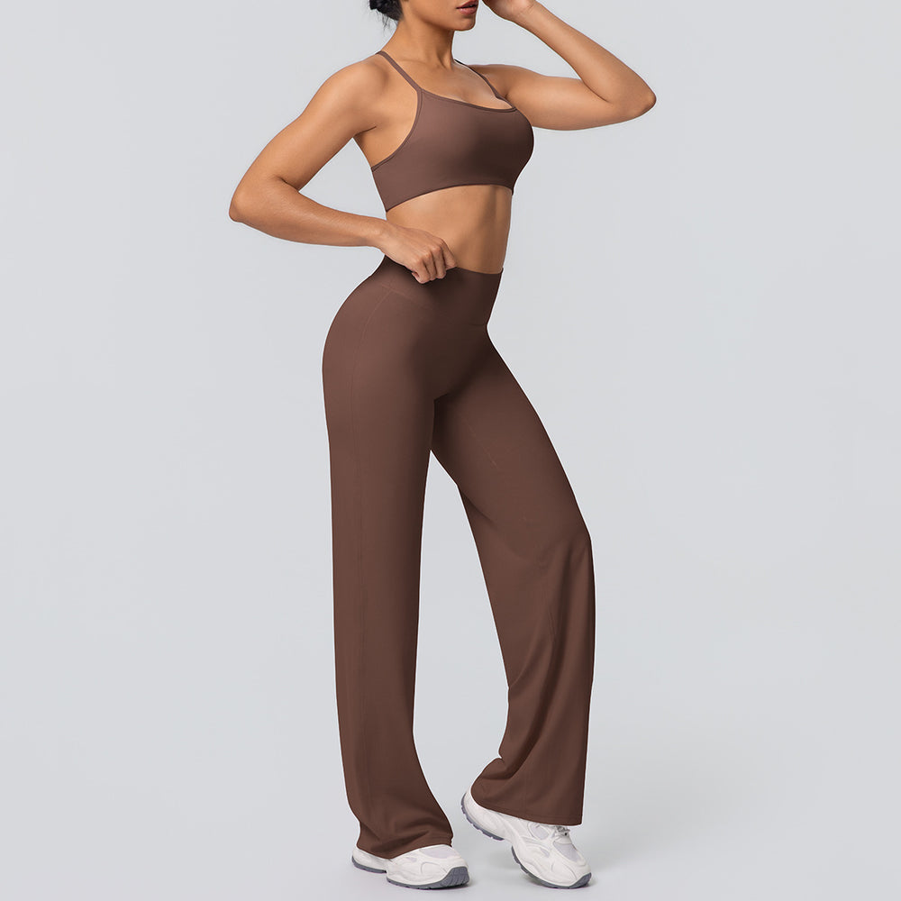 New arrival: cross-border brushed backless sports bra & breathable long-sleeve wide-leg yoga set - two-piece running & fitness outfit