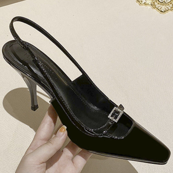2026 baotou high heels women's stiletto square toe flats park chae young same style shoes black patent leather high heels slimming look
