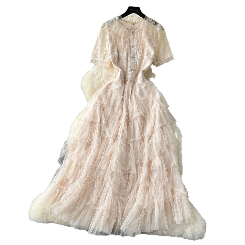 French chic high-end mini dress - women's exquisite beaded & embroidered short-sleeve, slim-fit, flattering, and fluffy tulle dress