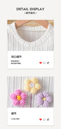 girls' knitted set: white ribbed top with ruffle and floral detail, purple pants - autumn two-piece outfit for kids