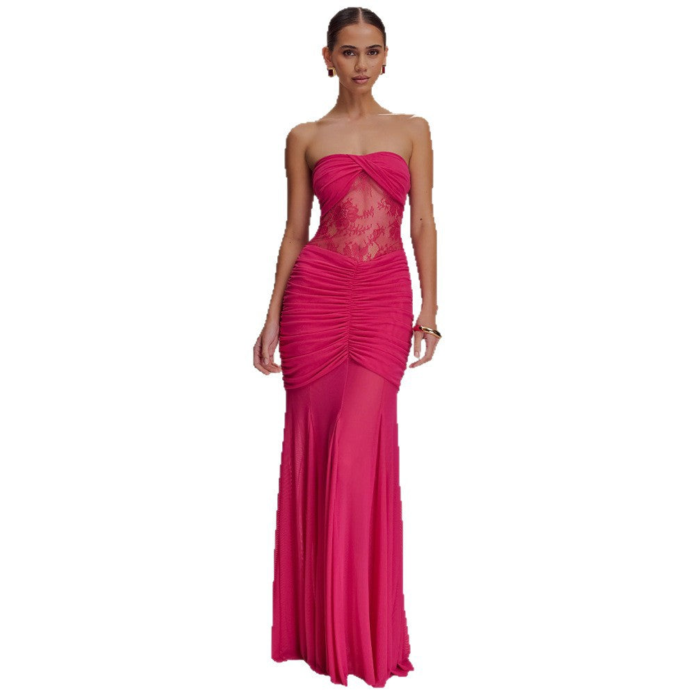 European and american cross-border  summer new sleeveless bandeau maxi dress - sexy, spicy, ruched, cutout, slim-fit women's dress