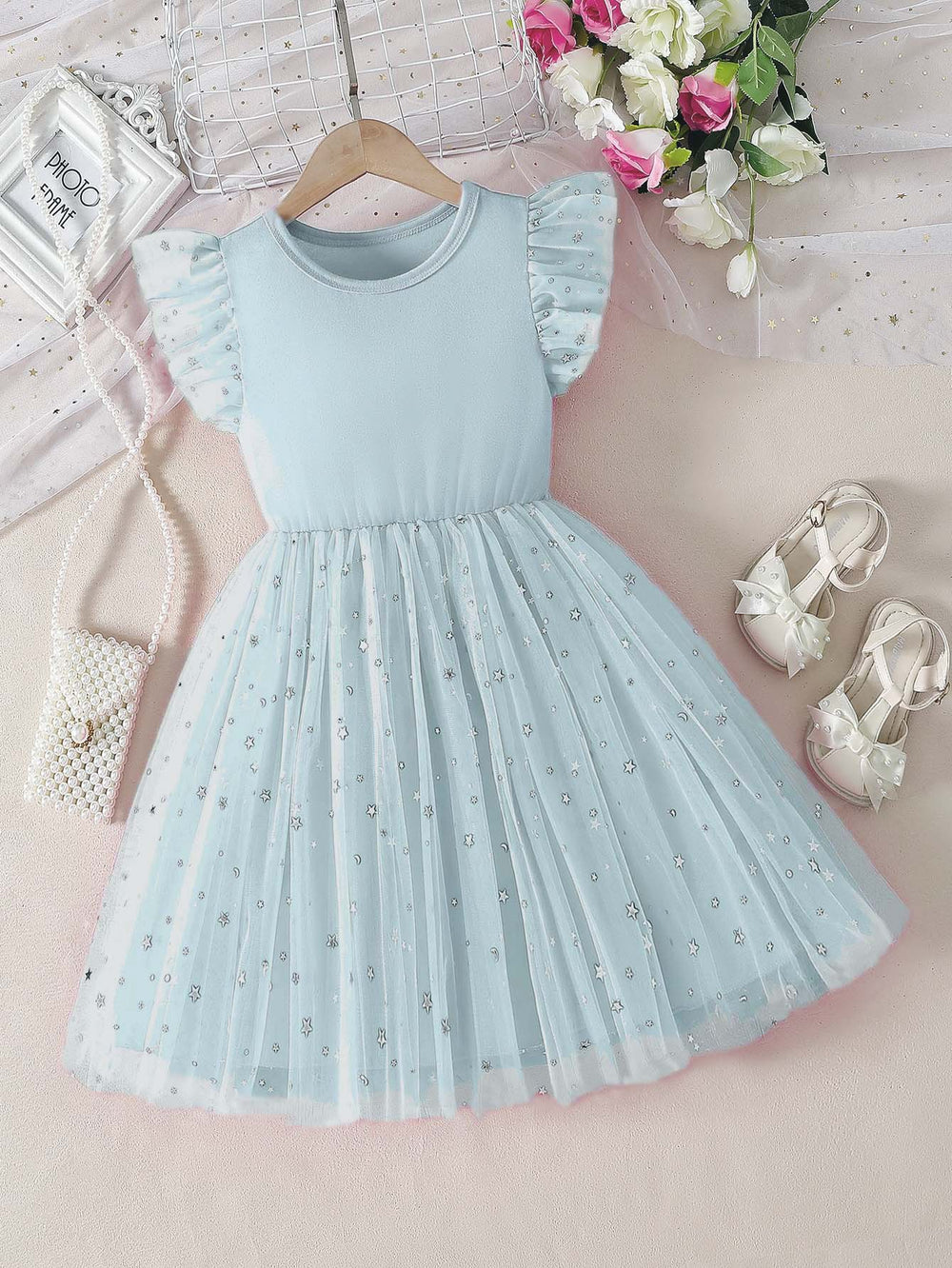 girls' summer mesh dress - pink round neck flutter sleeve star print tutu - cute kids' princess dress