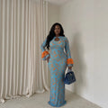 European and american cross-border women's fashion  summer new arrival: flared long sleeve crew neck hollow-out bodycon floral maxi dress