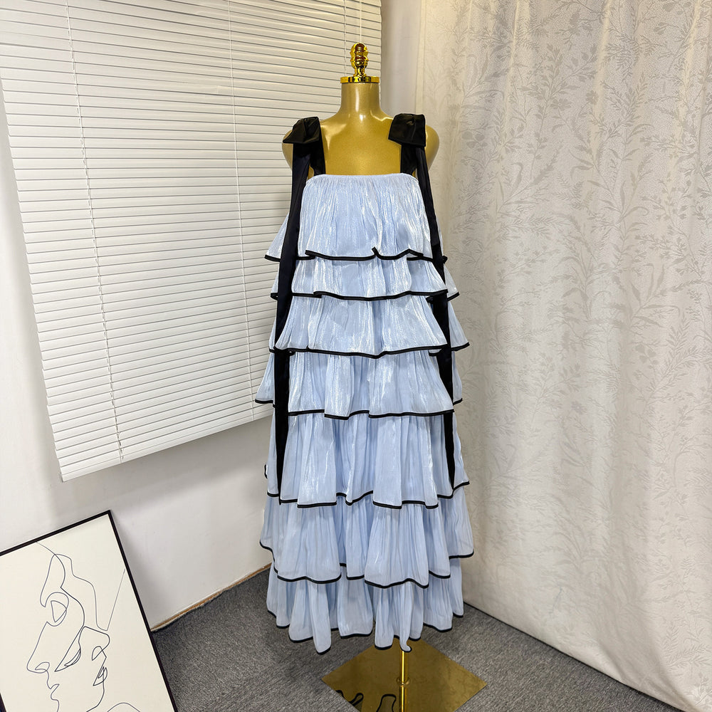 spring new sleeveless solid color wide strap long loose ruffle tiered cake dress