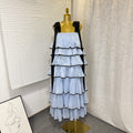 spring new sleeveless solid color wide strap long loose ruffle tiered cake dress