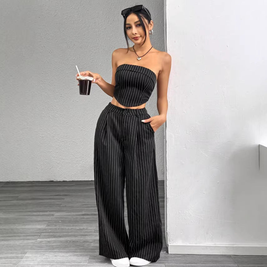 cross-border fashion shein women's striped strapless top and loose, slimming suit pant set