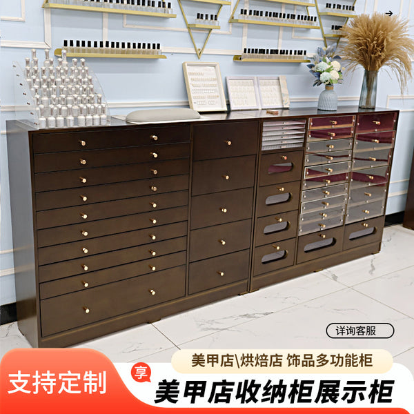 Retro solid wood nail salon display cabinet Middle antique cabinet Nail polish glue cabinet Floor cabinet Nail polish swatch locker