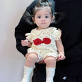 Newborn baby girl flutter sleeve heart romper - summer lightweight heart & bowknot peter pan collar bodysuit