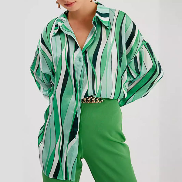 Spot 2024  European and American shirts  cardigans loose printing women's long-sleeved striped shirts women's autumn